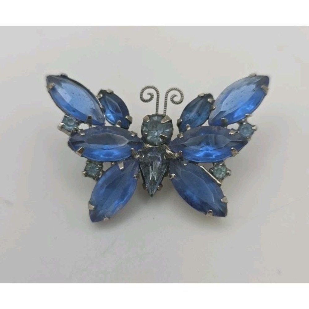 Vintage D&E Juliana Prong Set Blue Rhinestone Butterfly Brooch Pin Silver Tone